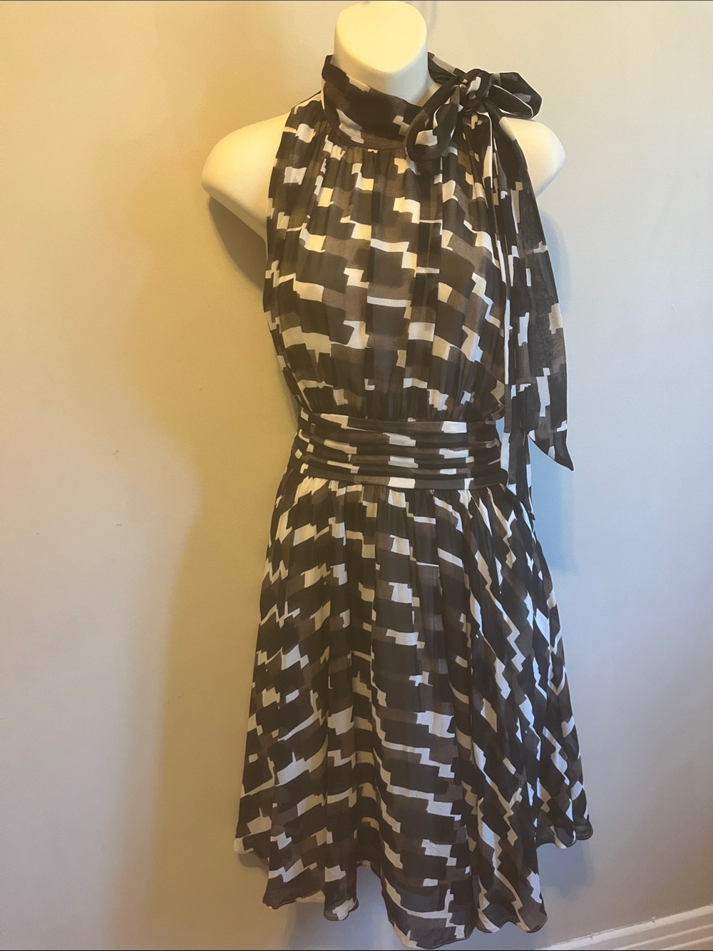 Banana Republic Brown and White 100% Silk Neck-Tie Flared Dress with Pockets